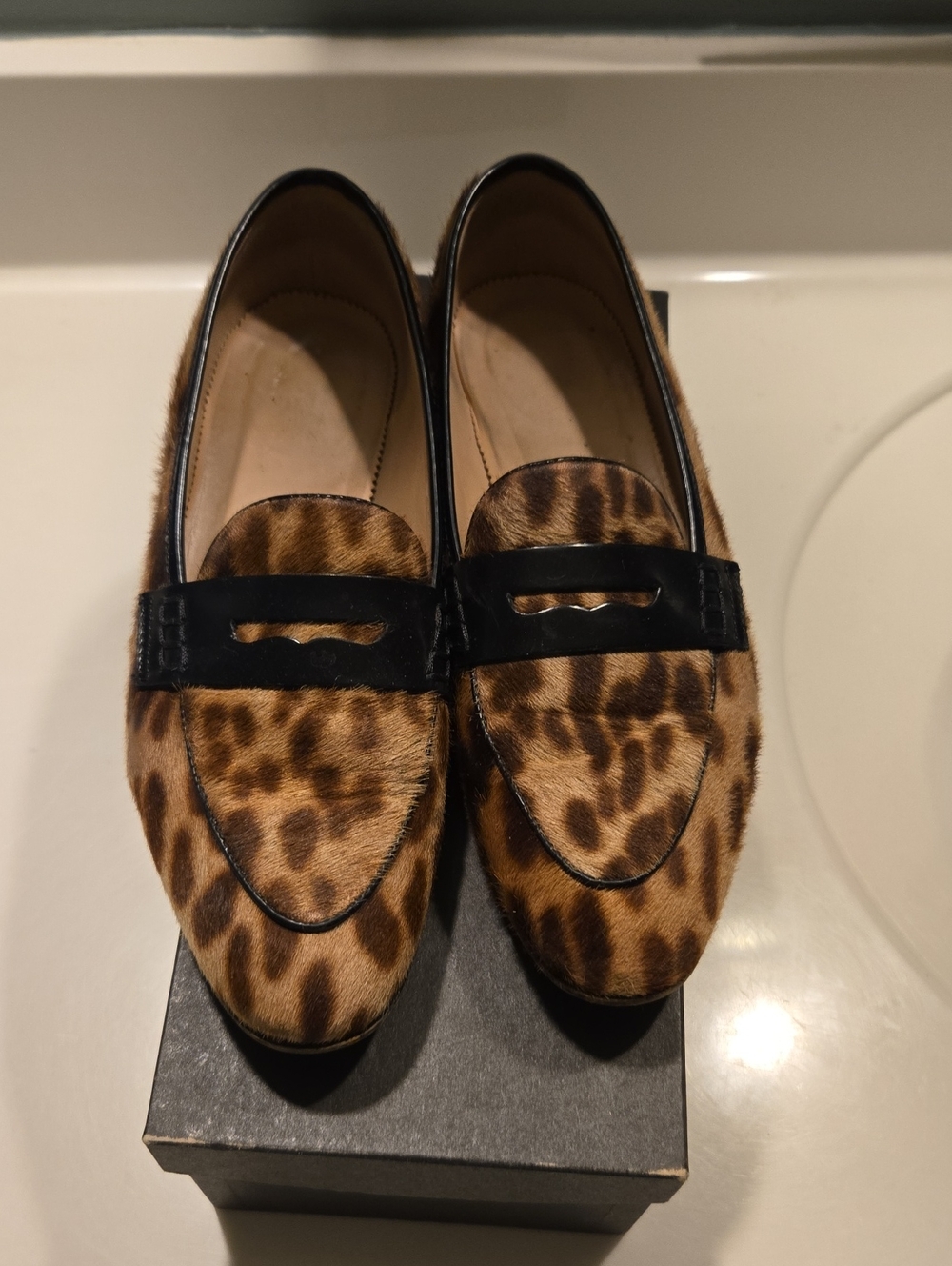 J. Crew Leopard Haircalf Penny Loafers with Black Trim